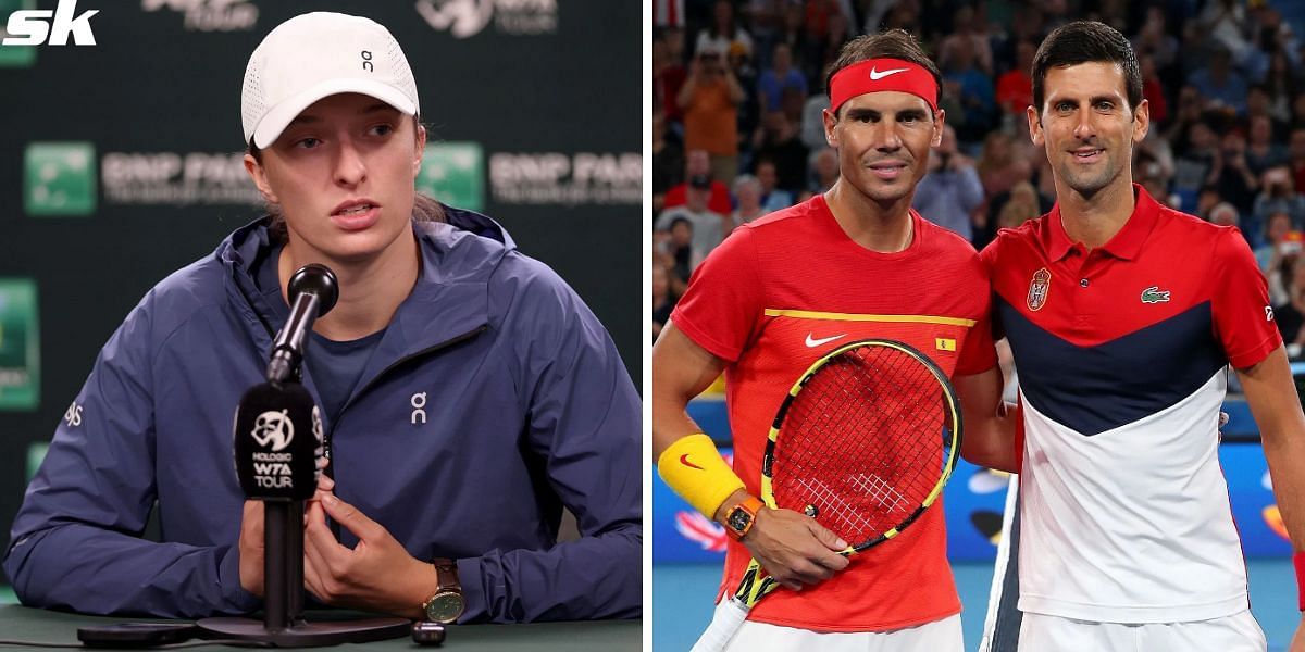 Iga Swiatek (L), Rafael Nadal and Novak Djokovic (R)
