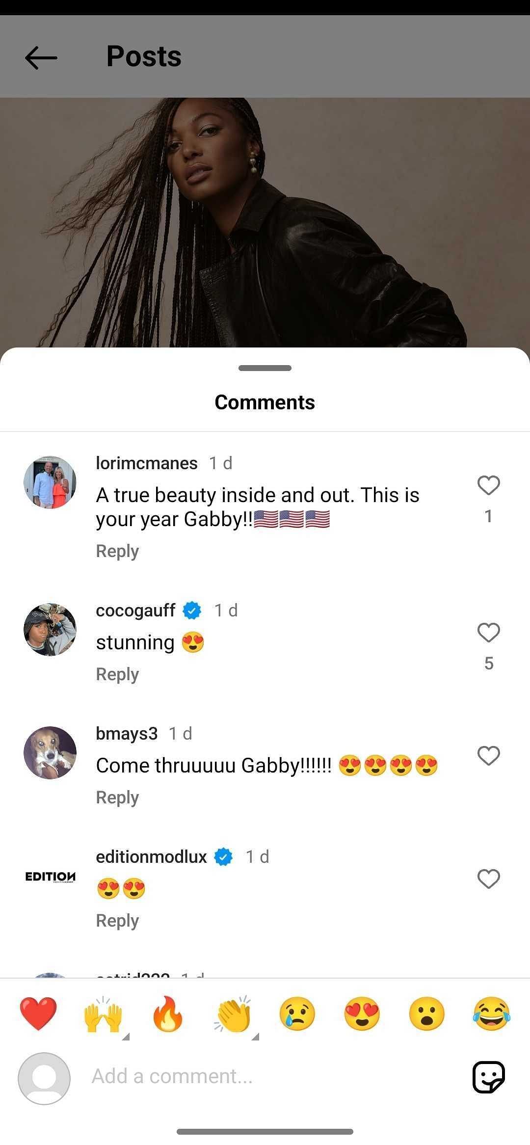 Screenshot of Coco Gauff&#039;s comment on Gabby Thomas&#039; Modern Luxury Cover post on Instagram.