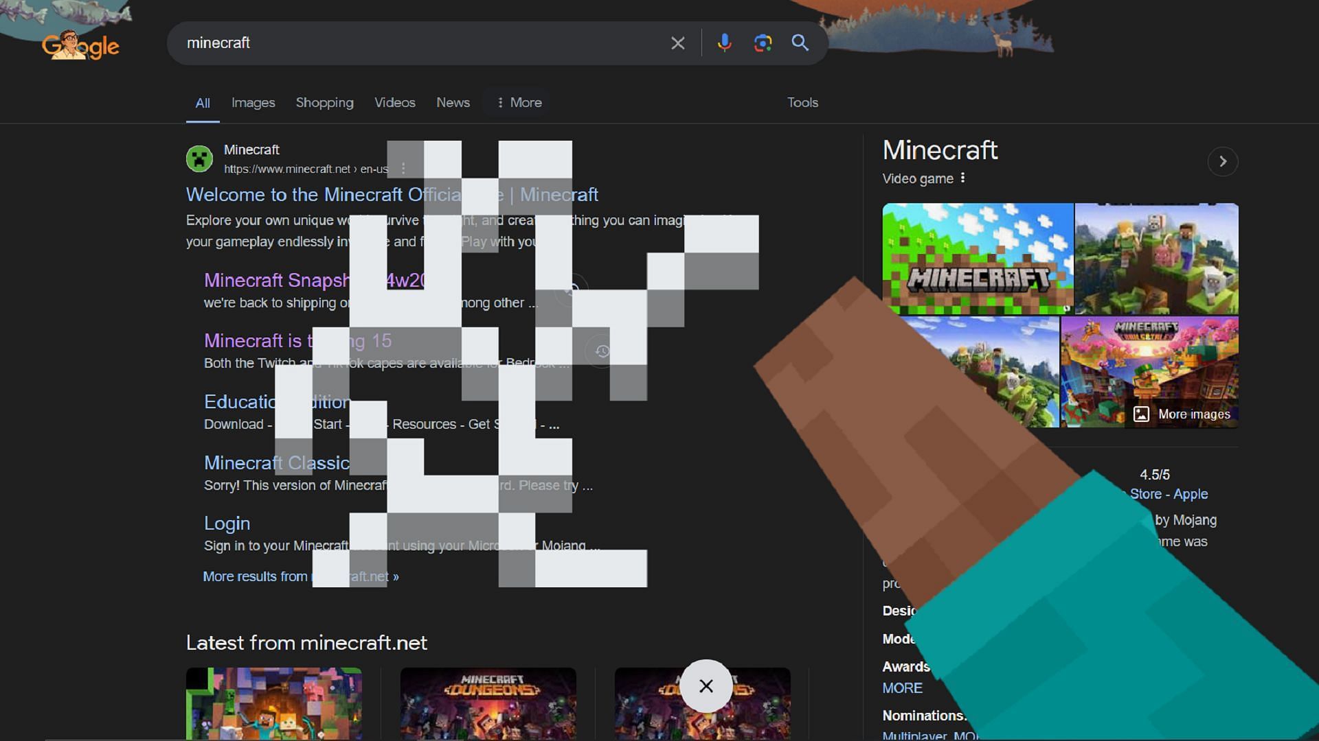 Steve breaks the Google search page like a block in Google&#039;s Minecraft minigame (Image via Google/Mojang)