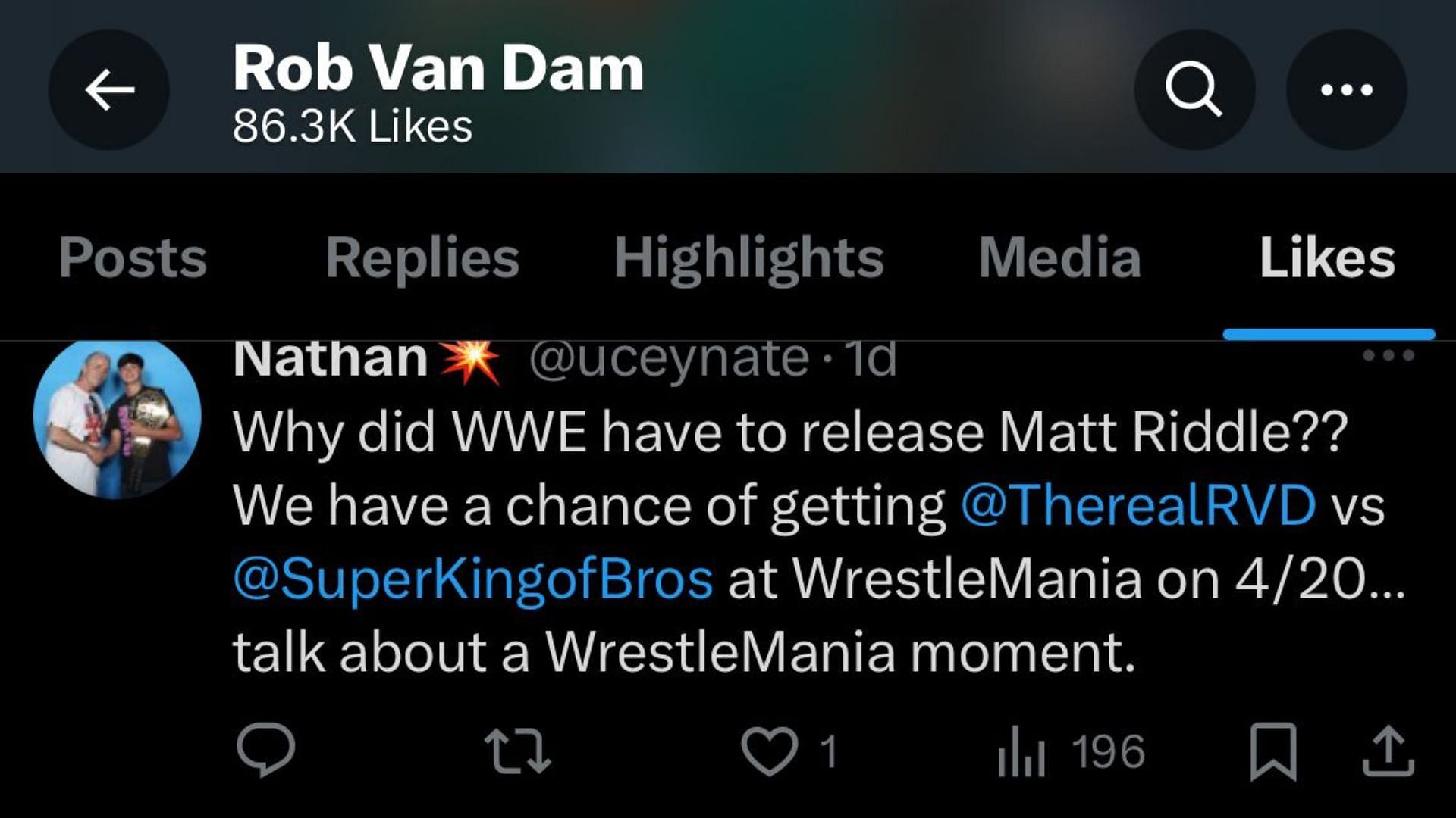 RVD liked a tweet pitting him against Matt Riddle at WrestleMania 41
