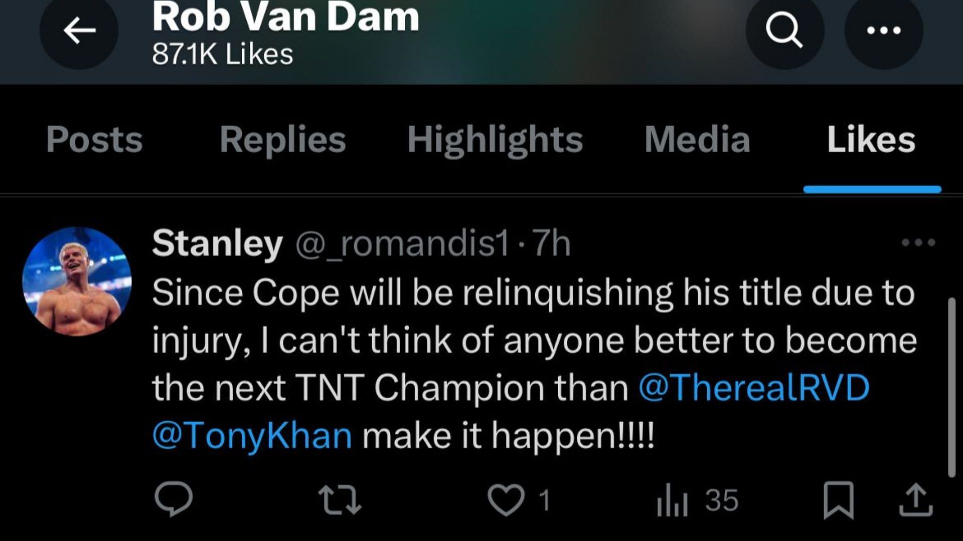 Rob Van Dam teased his interest in the TNT Title by liking a fan tweet on X/Twitter