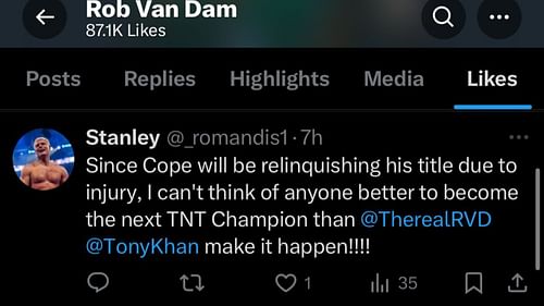 Rob Van Dam teased his interest in the TNT Title by liking a fan tweet on X/Twitter