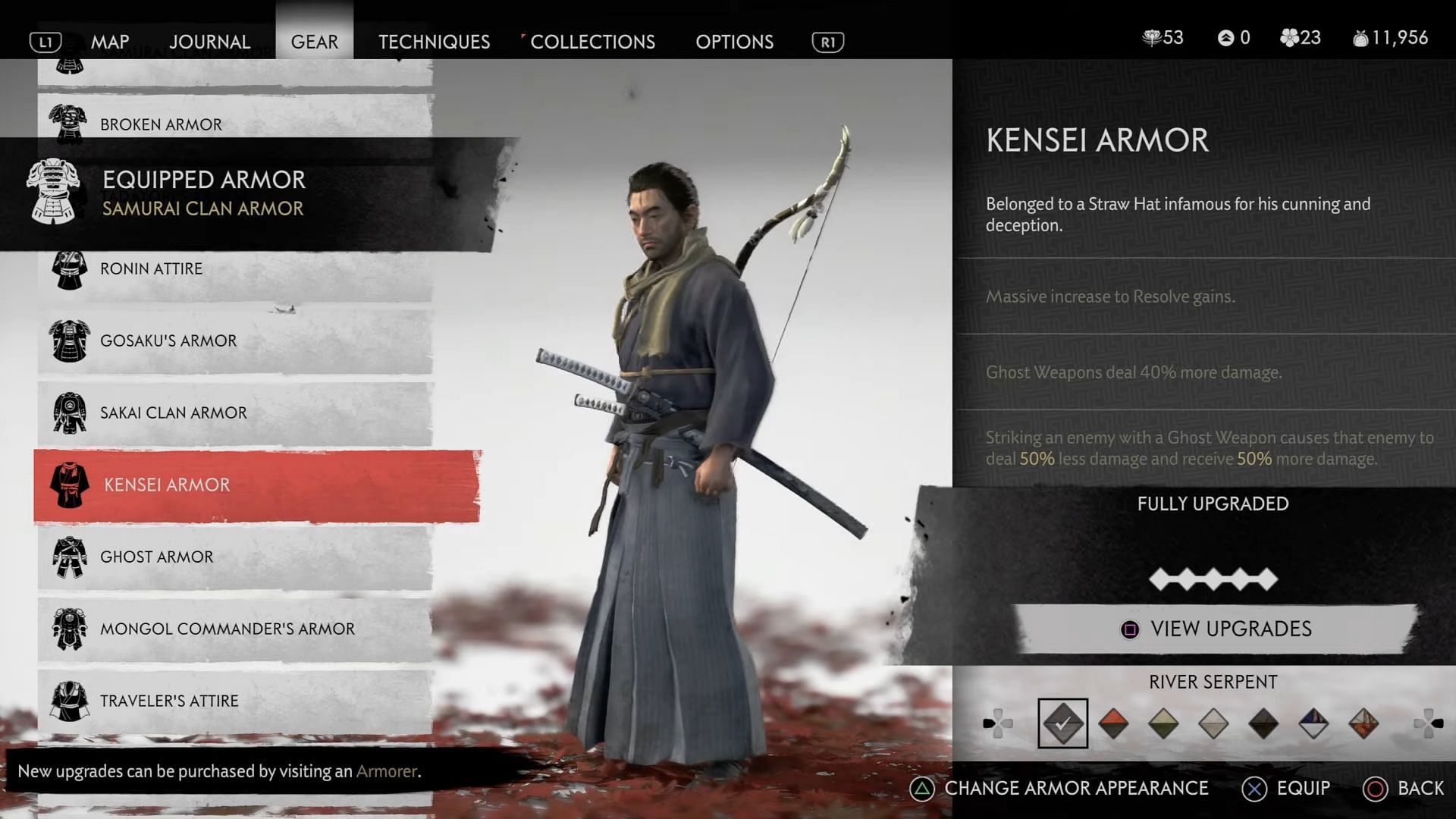 The Kensei Armor is one of the best armor sets in Ghost of Tsushima for those who use Ghost Weapons (Image via Sucker Punch || YouTube/Enzyme77)