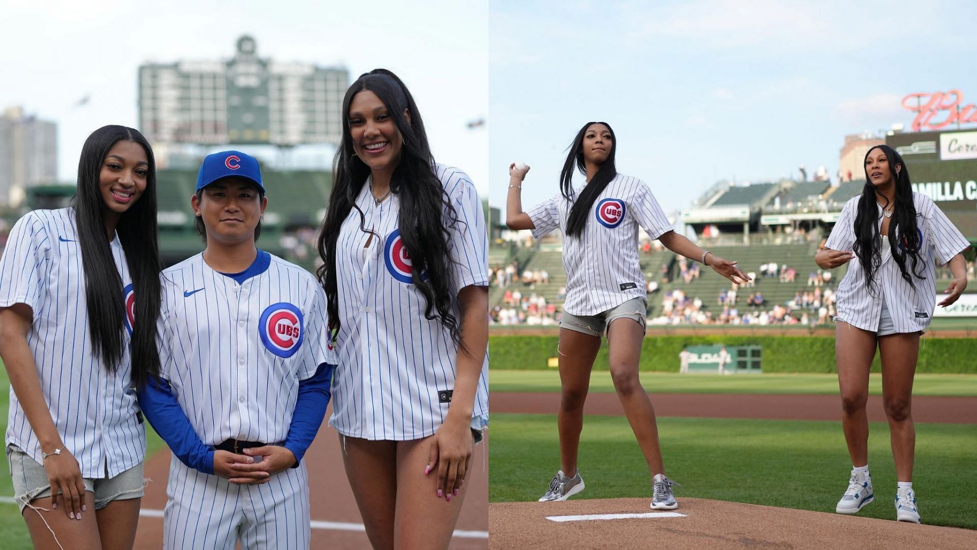 Angel Reese and Kamila Cardoso throw the inaugural pitch for the Chicago Cubs