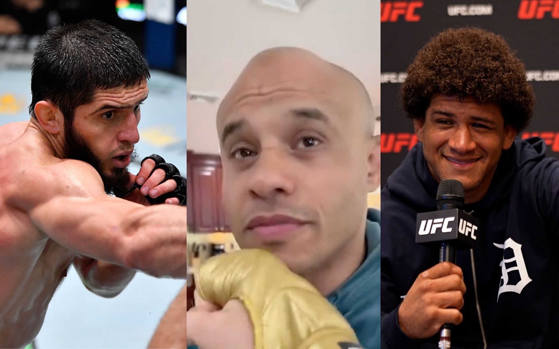 Gilbert Burns (right) reacts to Islam Makhachev (left) testing new gloves on Ali Abdelaziz (center). [via Getty Images, UFC and @islam_makhachev on Instagram]