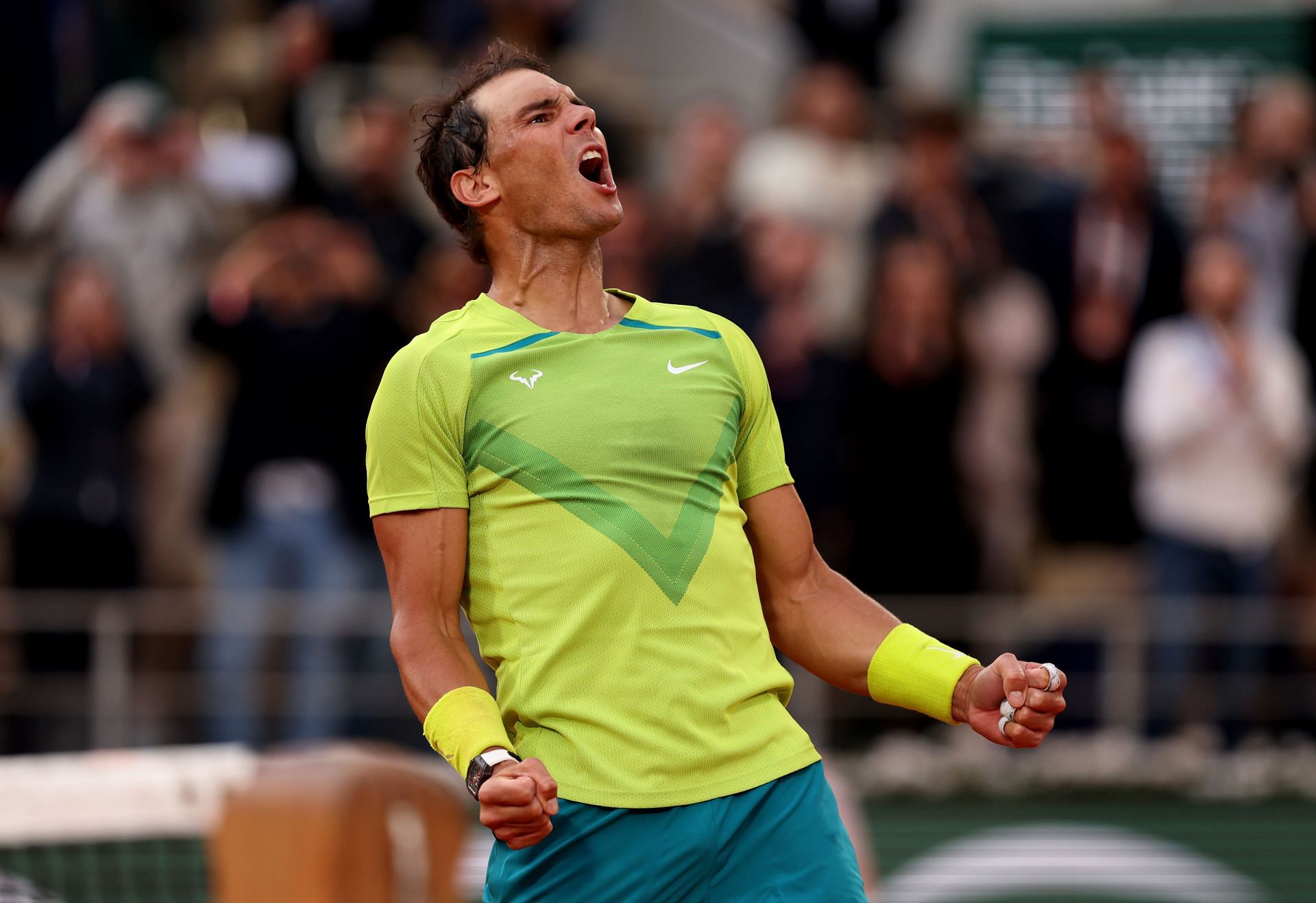 Rafael Nadal reacts after reaching the quarterfinals of French Open 2022