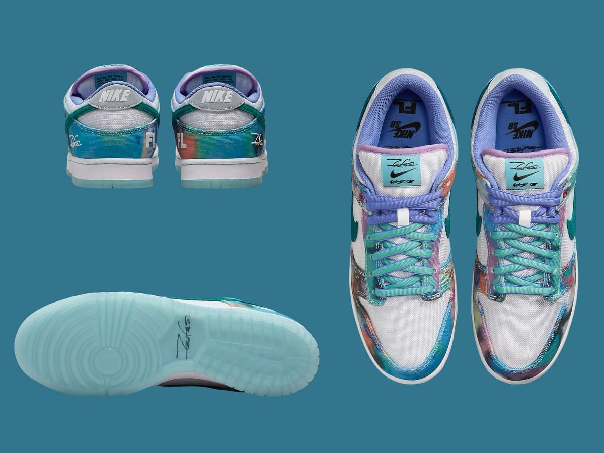 Futura Laboratories x Nike SB Dunk Low &quot;Bleached Aqua/Geode Teal-White&quot; sneakers (Image via Instagram/@justfreshkicks)