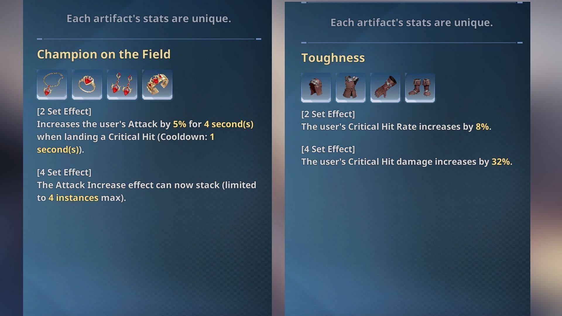 Recommended artifacts for Alicia Blanche. (Image via Netmarble)