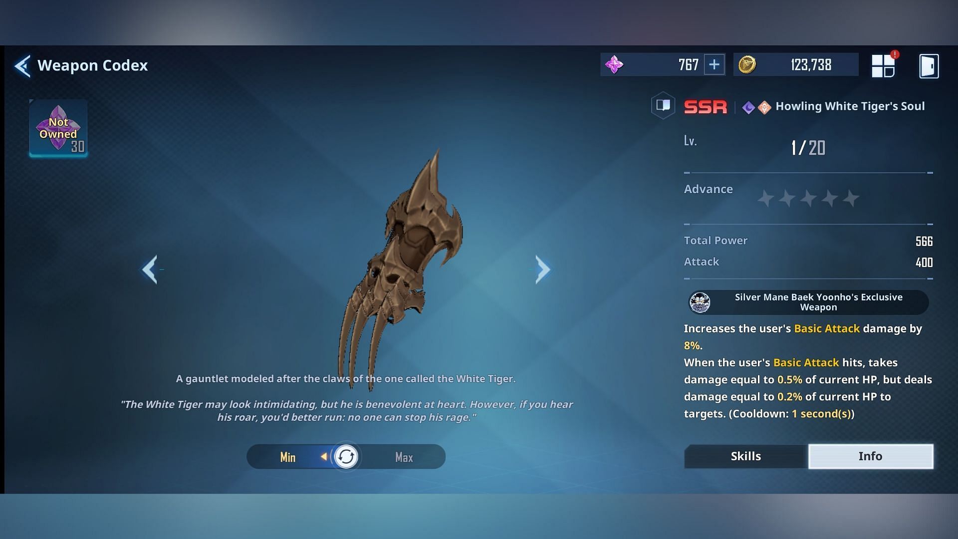 Silver Mane&#039;s Exclusive Weapon, Howling White Tiger&#039;s Soul, in Solo Leveling Arise (Image via Netmarble)
