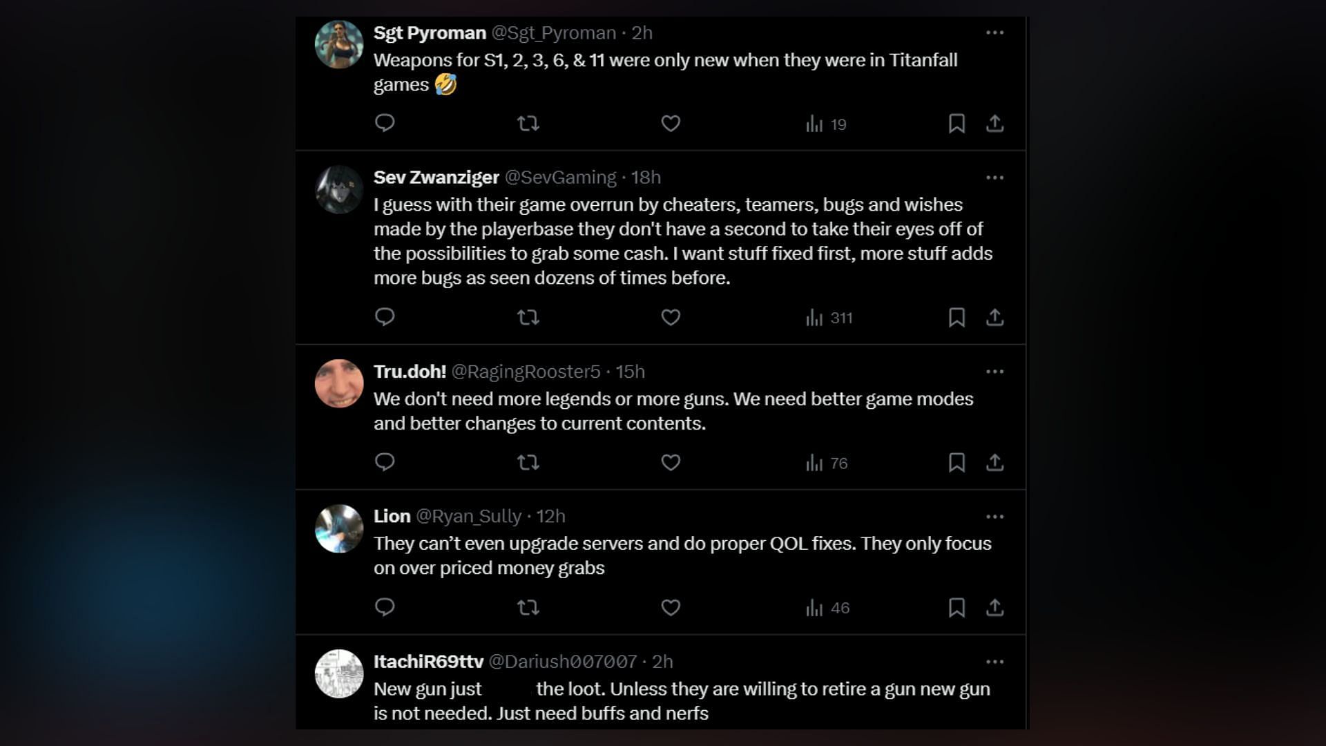 Comments from the community about new weapons. (Image via X)