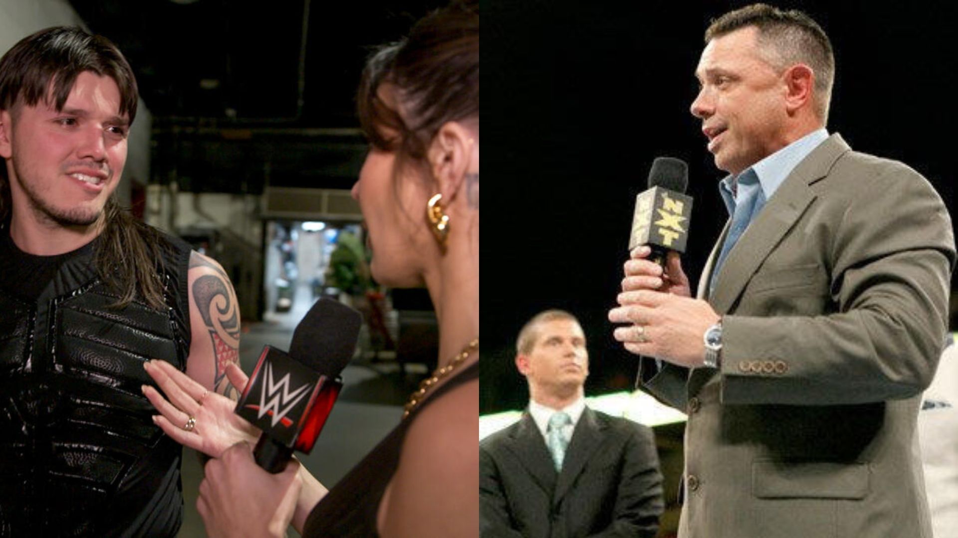Dominik Mysterio &amp; Cathy Kelley (left) and Michael Cole (right)