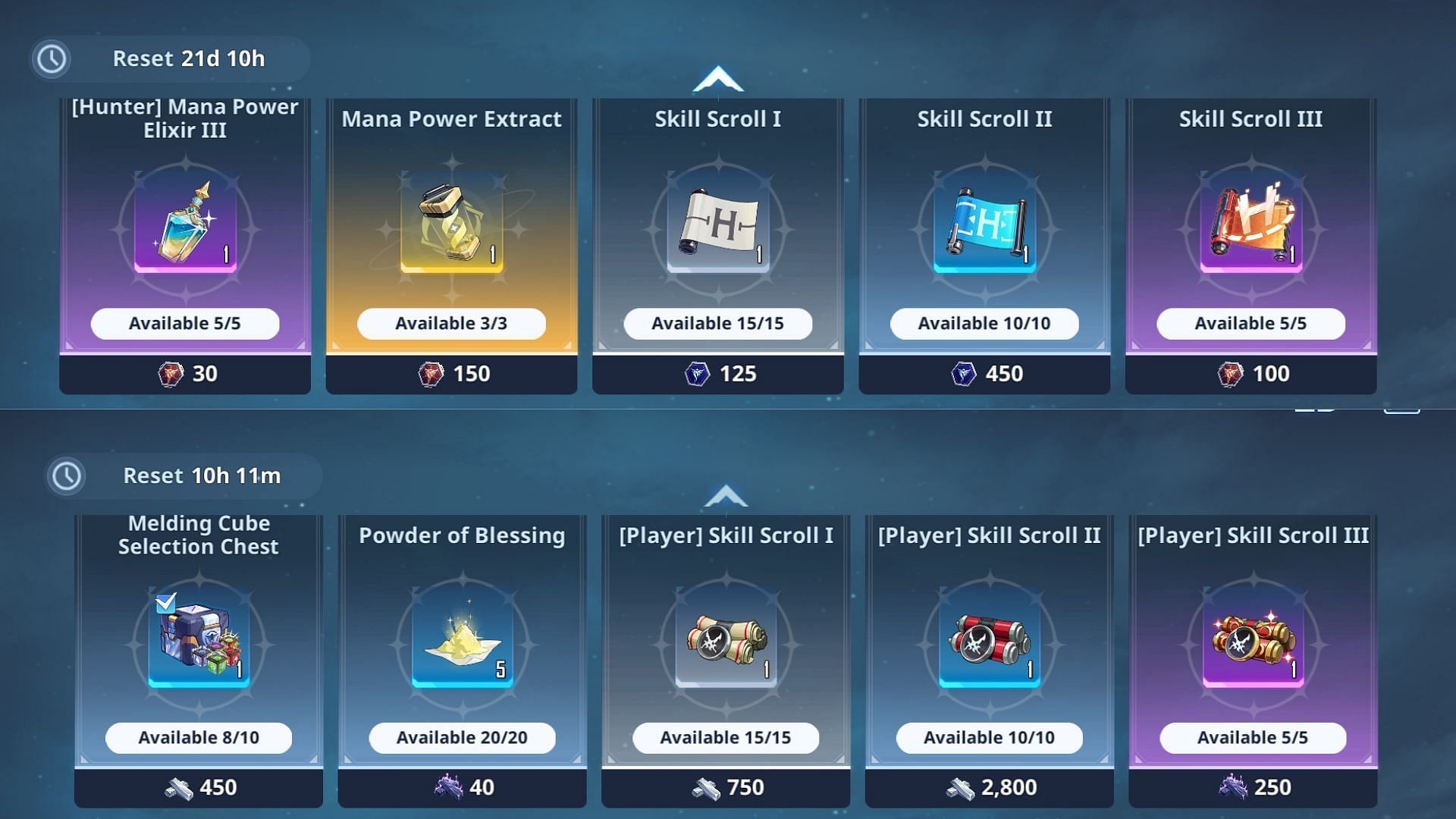 You can get [Player] scrolls at the Weapons Material Exchange Shop and Hunter scrolls at the Celebration Coin Exchange Shop. (Image via Netmarble)