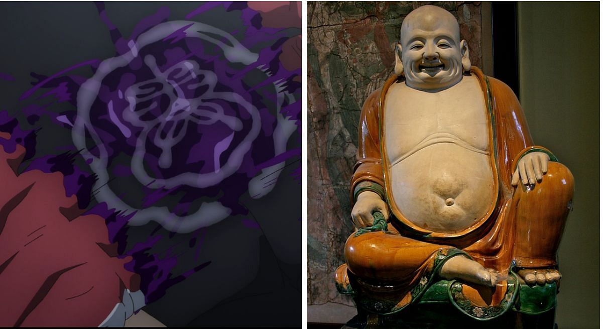 Dagon&#039;s cursed symbol in Jujutsu Kaisen&#039;s anime and Budai&#039;s statue (Image via Studio MAPPA/The British Museum)