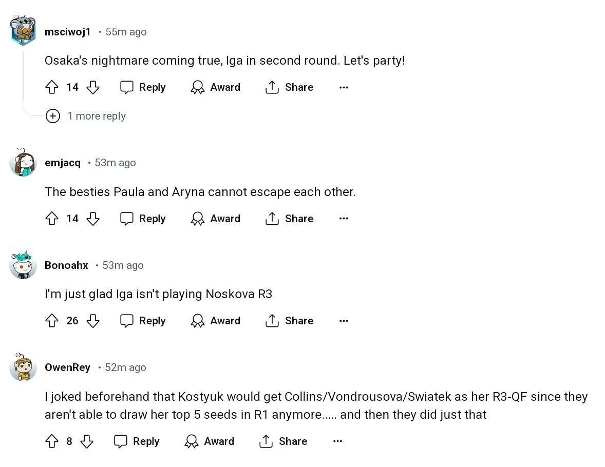 Screengrab from Reddit with reactions to the French Open draw