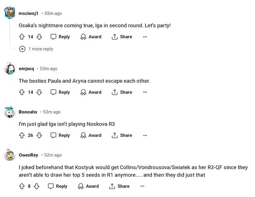 Screengrab from Reddit with reactions to the French Open draw