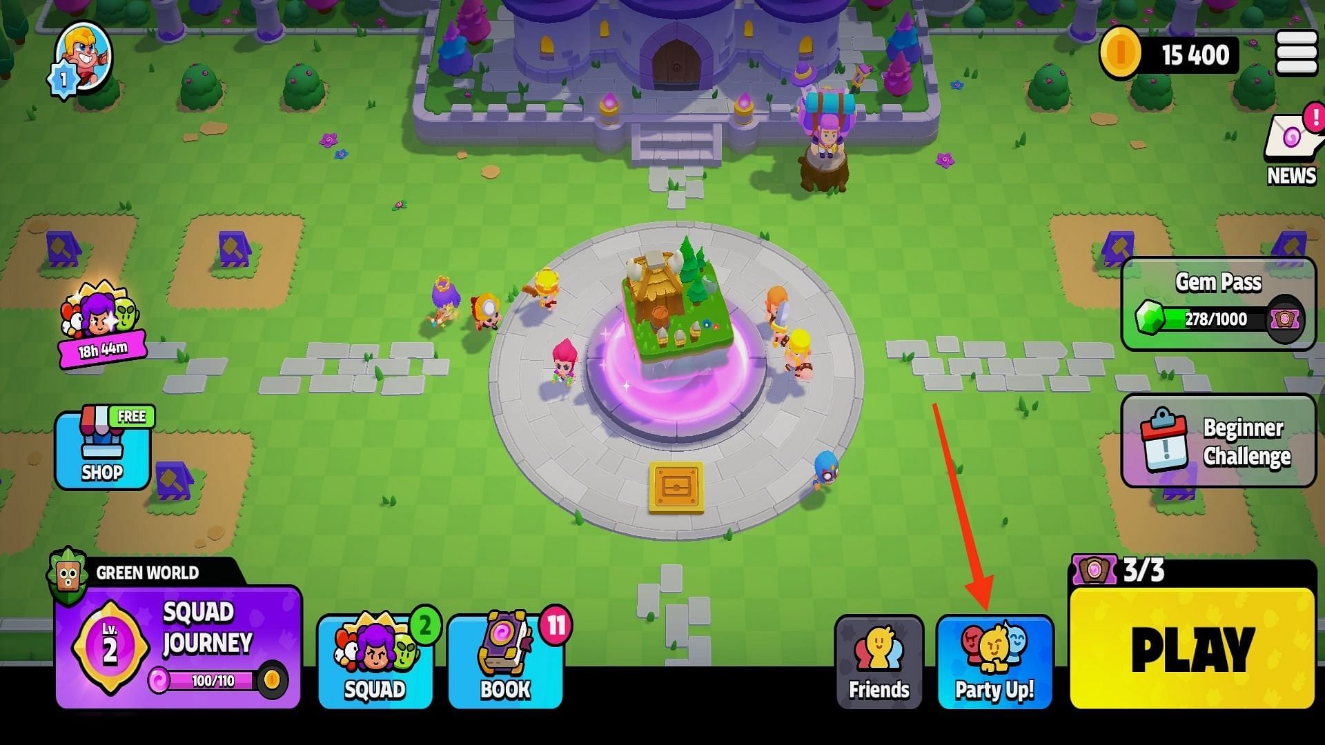 Click on the marked tab to invite friends or to join their party (Image via Supercell)