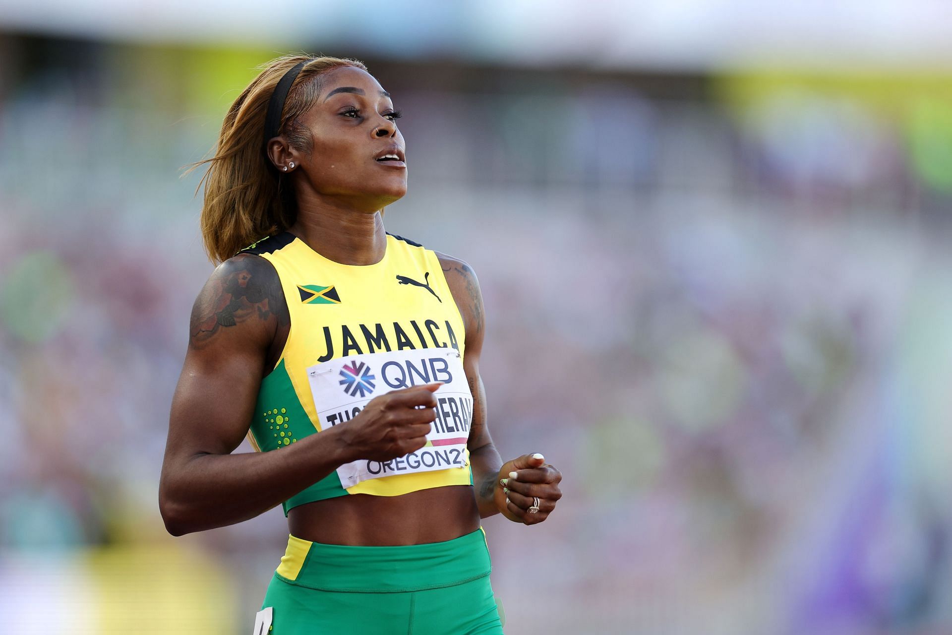 Elaine Thompson-Herah of Team Jamaica reacts after competing in the Women&#039;s 200m Semi-Final at the World Athletics Championships 2022 in Eugene, Oregon.