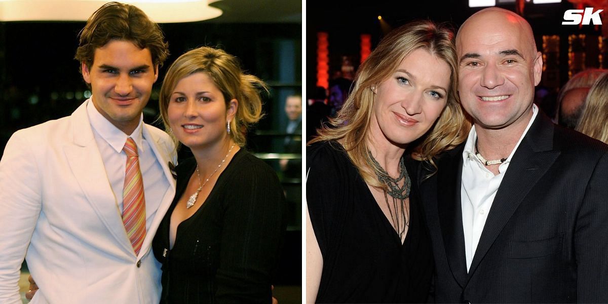 Roger Federer and Mirka Federer (left) and Steffi Graf and Andre Agassi (right)