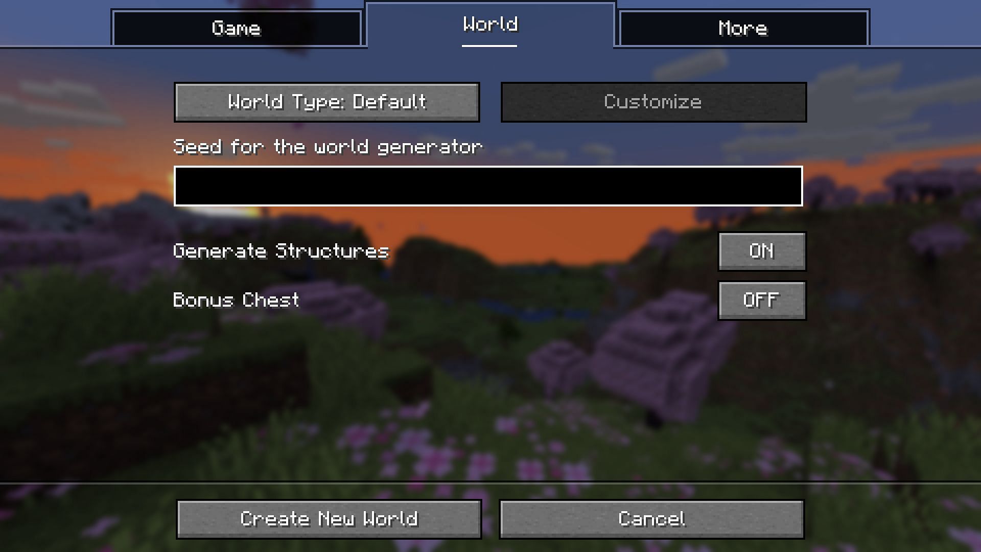 Custom seed can be input for a custom world. (Image via Mojang Studios)