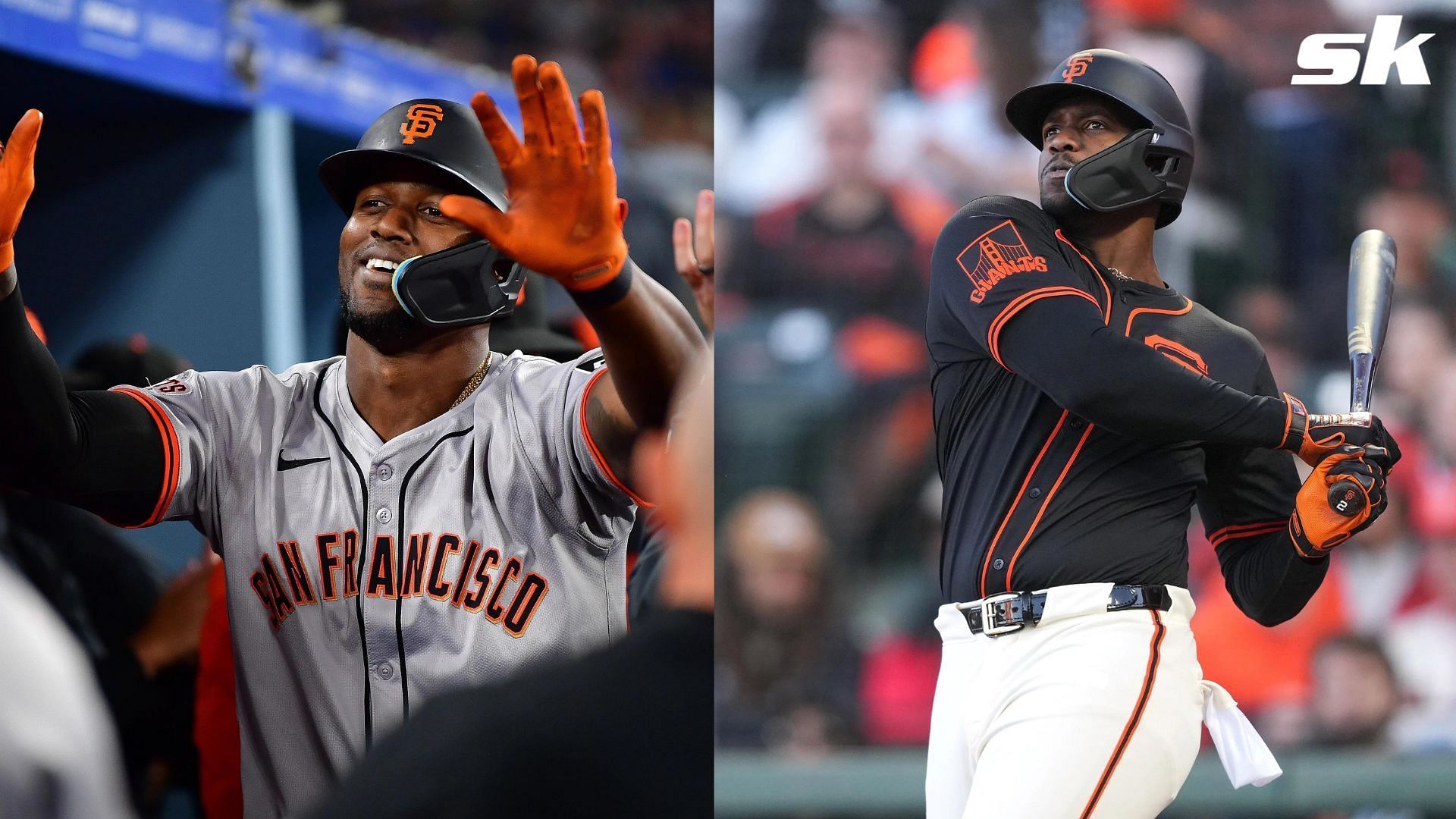 San Francisco Giants slugger Jorge Soler hits himself in the hear during first batting practice since IL placement