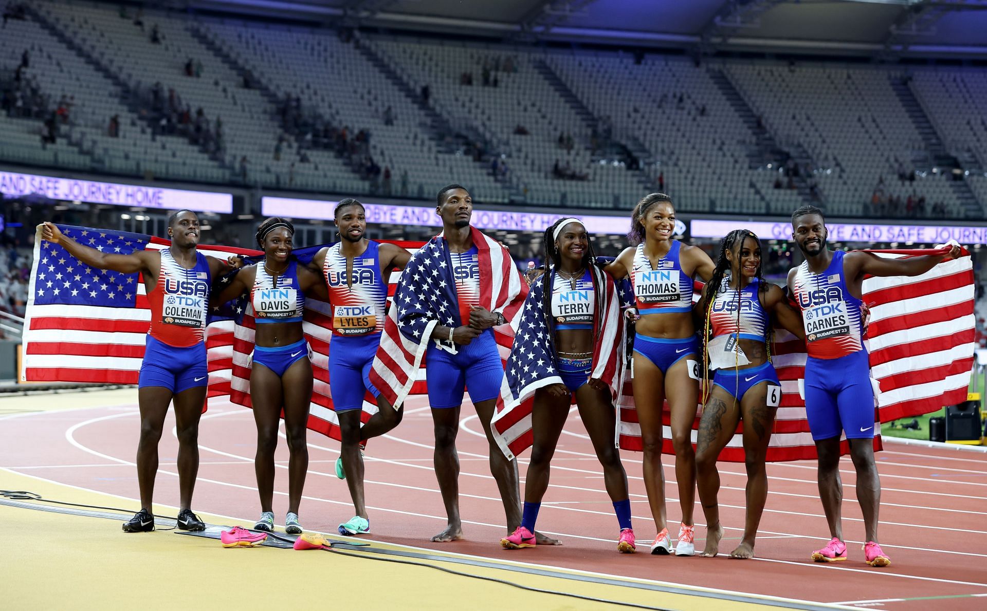 Team United States celebrates after winning the Men&#039;s 4x100m and Women&#039;s 4x100m Relay Final during day the 2023 World Athletics Championships in Budapest, Hungary