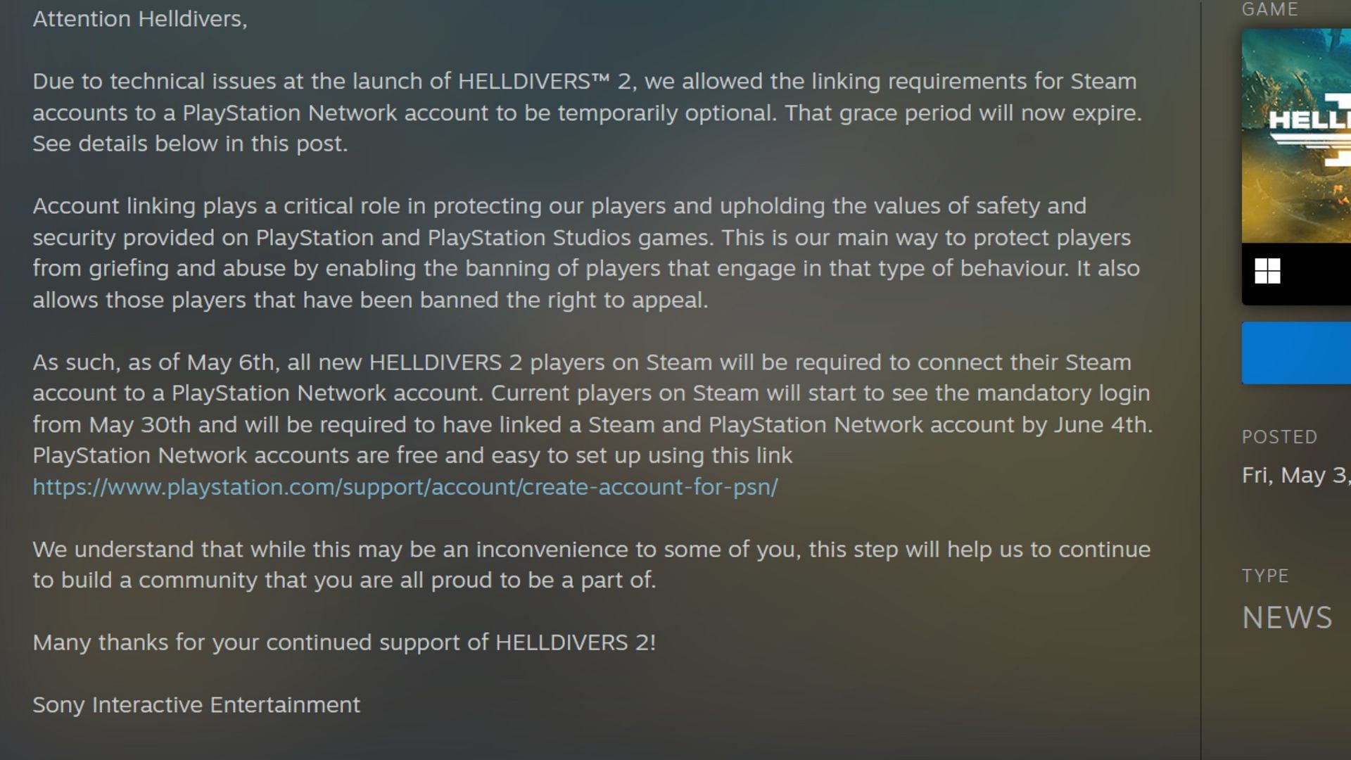 The official statement that kicked off the drama (Image via Sony Interactive Entertainment)