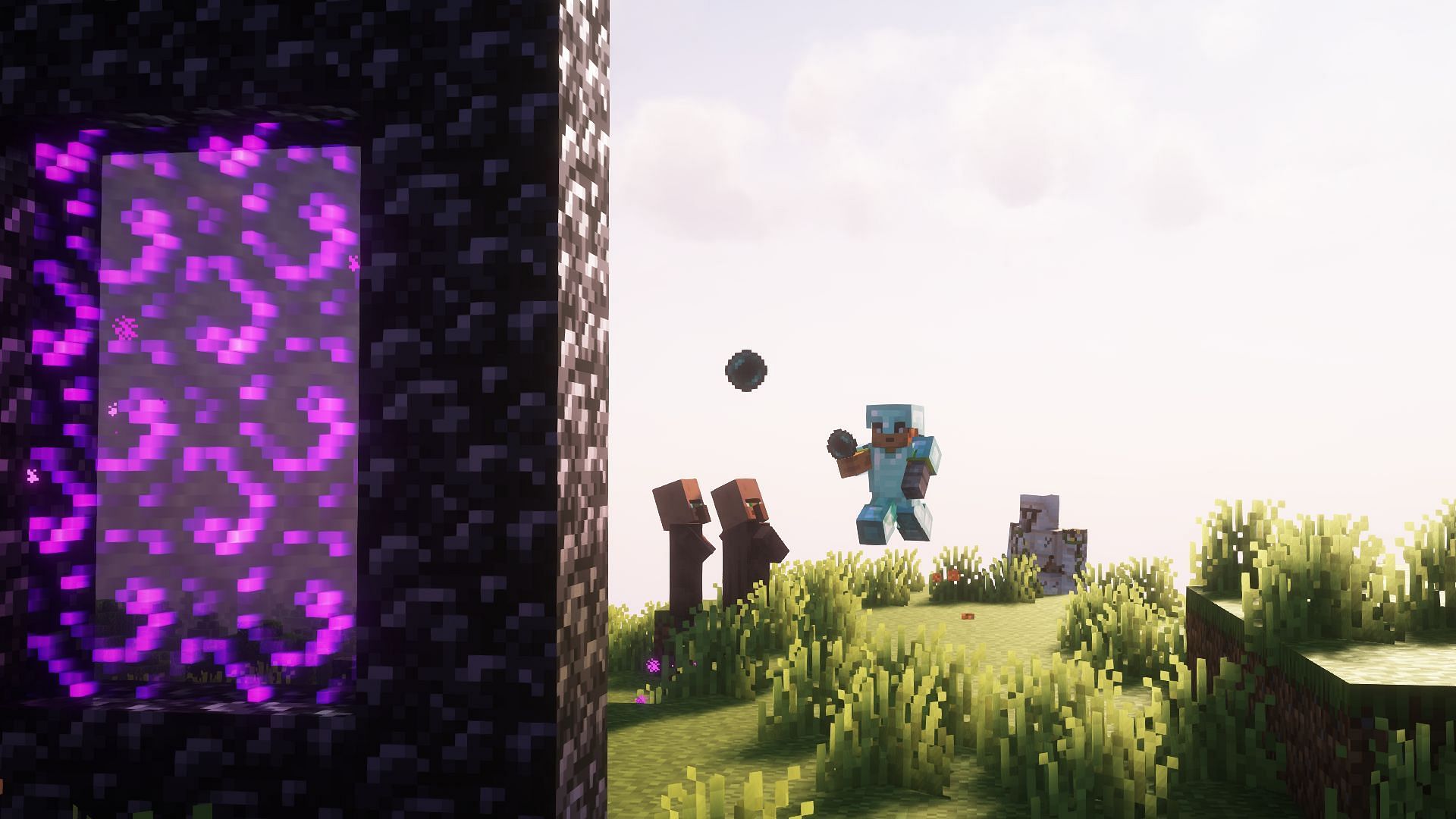 A player throwing an ender pearl toward a Nether portal. (Image via Mojang)