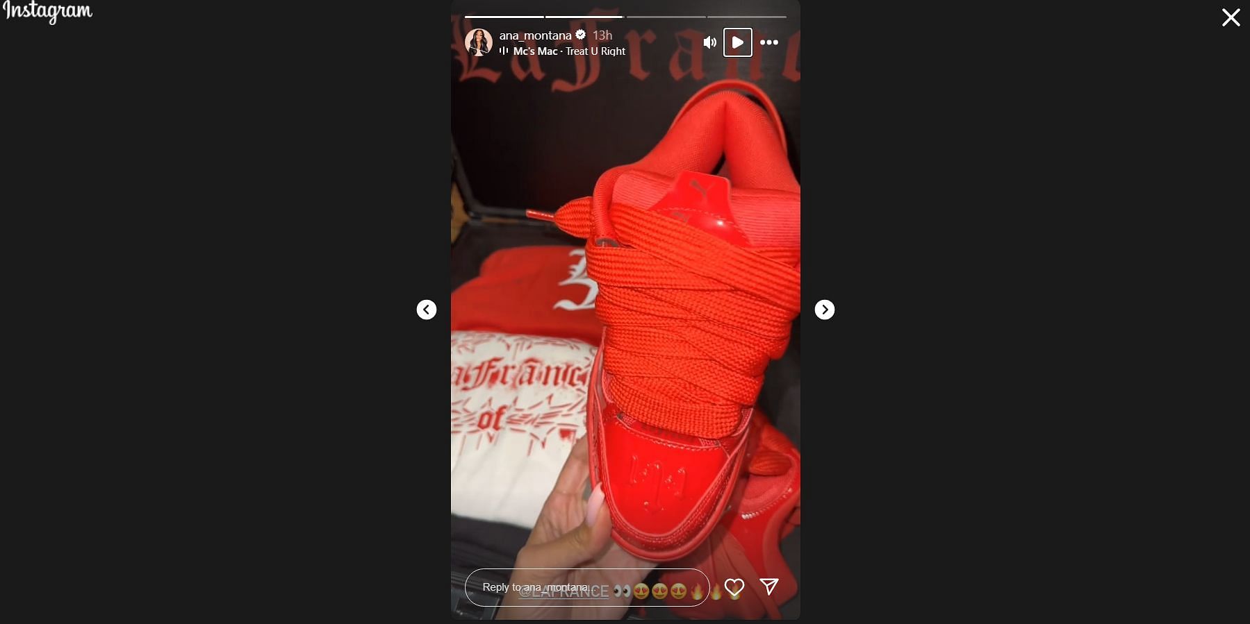 Ana Montana shows LaFrance Sneakers on her Instagram story