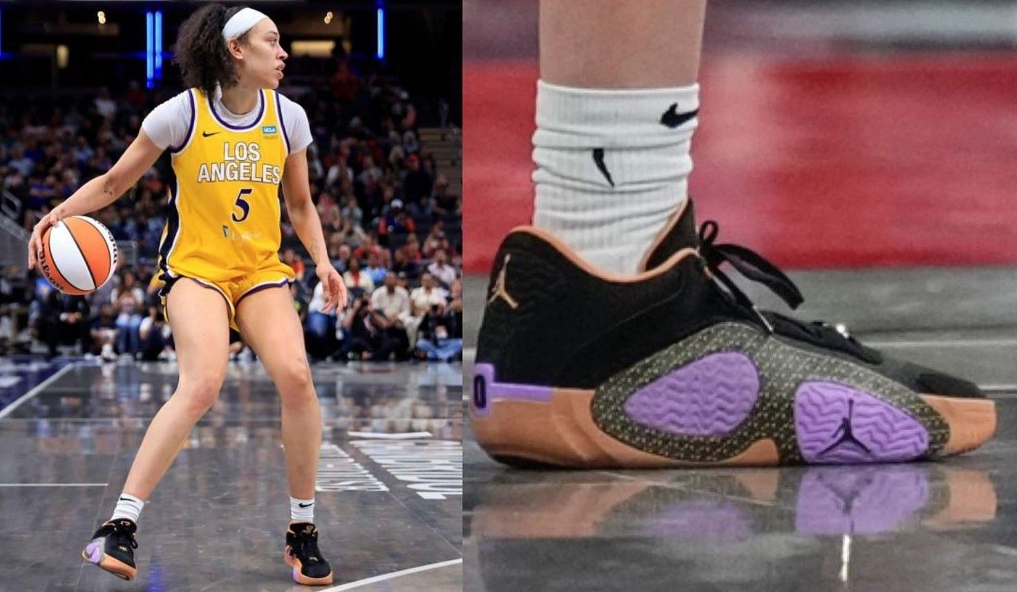 Dearica Hamby reacts to Jordan Tatum 2 PE sneakers inspired by her kids. -- Photos taken from LA Sparks