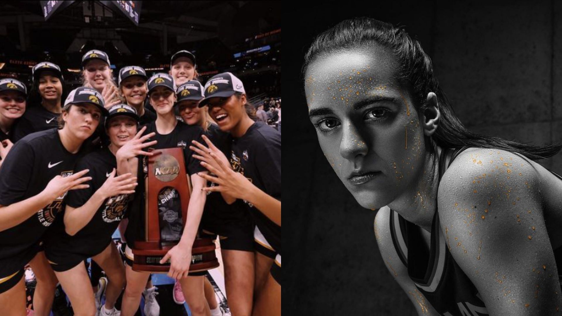 The Iowa Hawkeyes squad (L) | Caitlin Clark