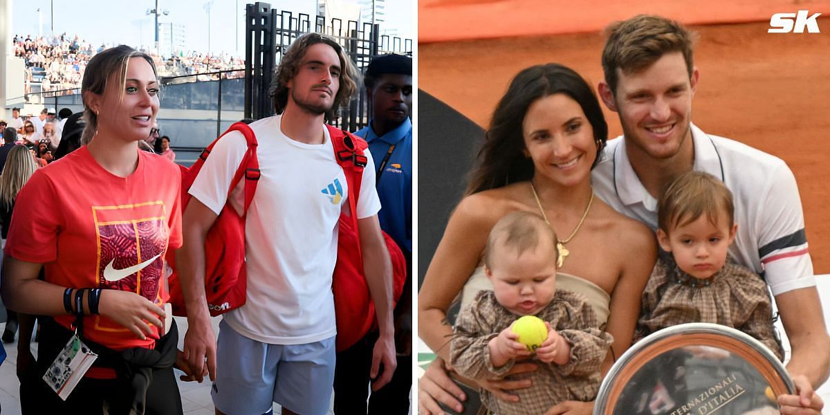 Paula Badosa and Stefanos Tsitsipas (L), Nicolas Jarry and family (R)