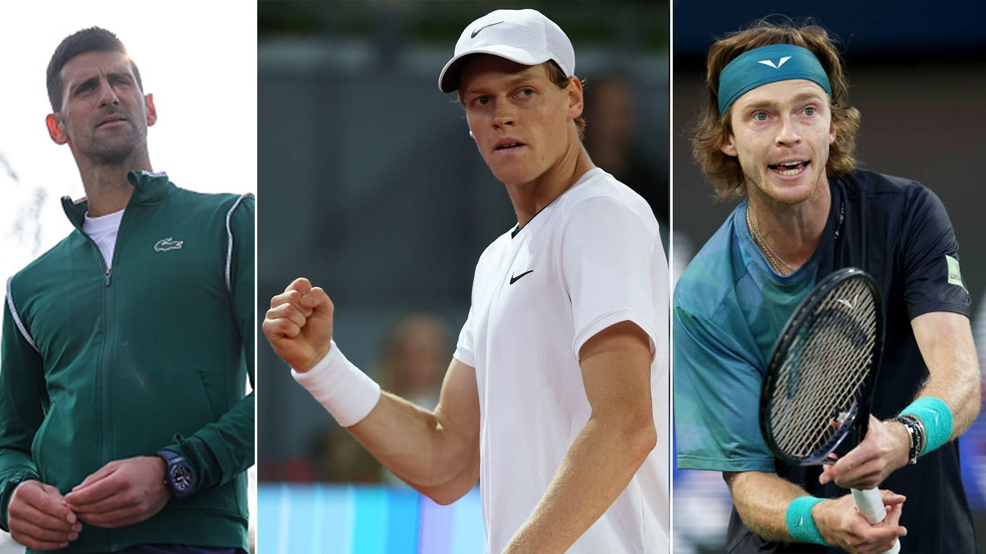 From L-R: Novak Djokovic, Jannik Sinner, and Andrey Rublev.