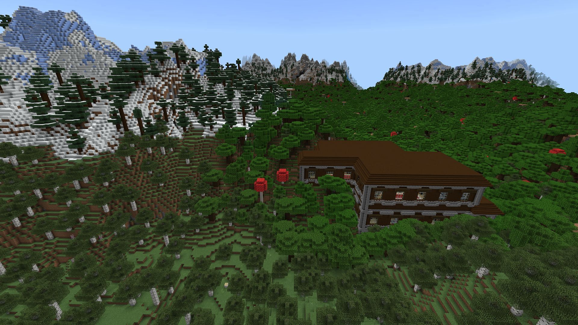 This seed&#039;s woodland mansion is in a gorgeous mountain valley (Image via Mojang)