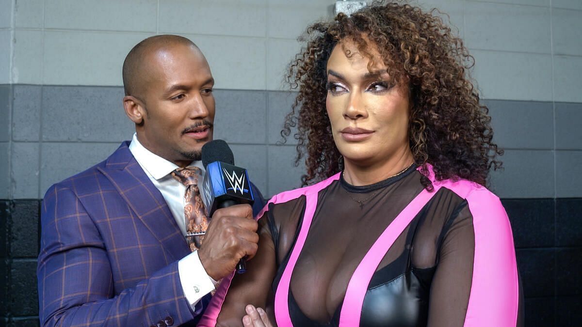 Nia Jax being interviewed by Byron Saxton on SmackDown.