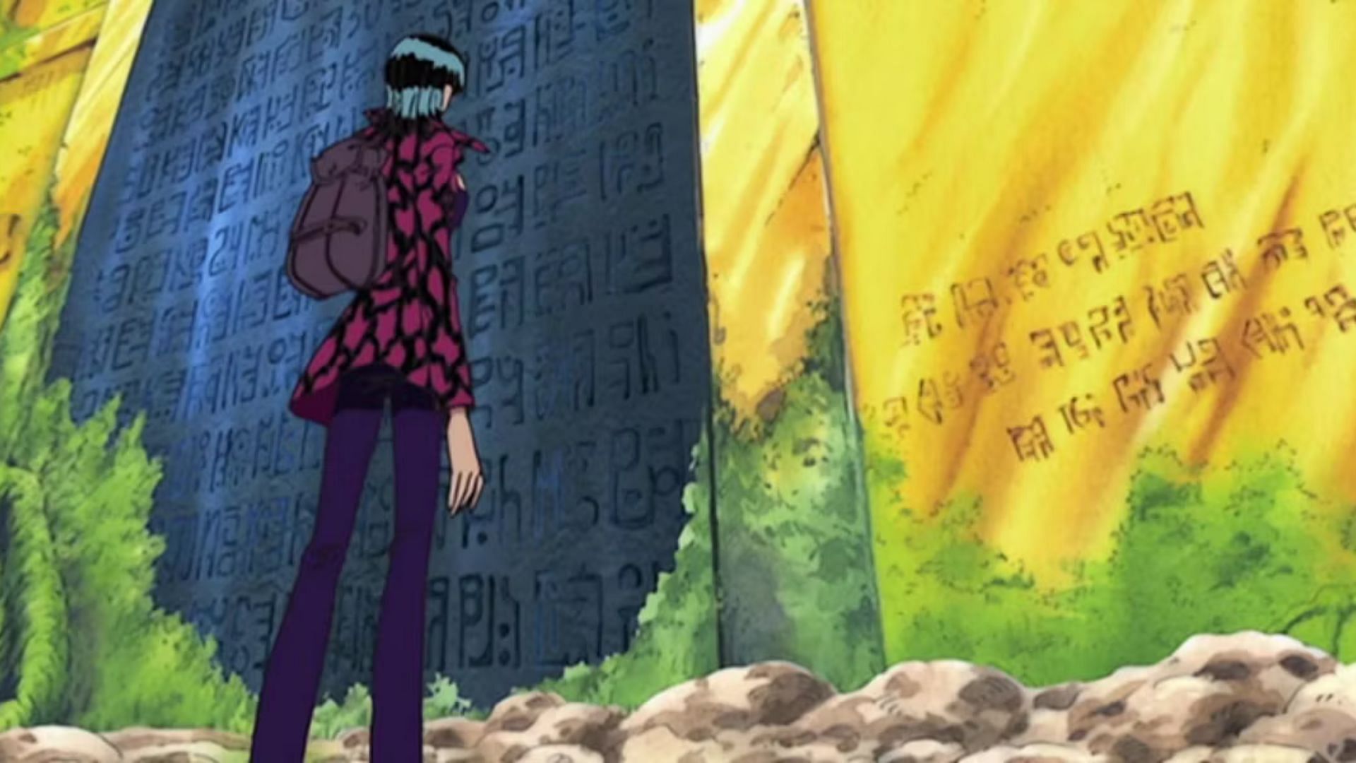 Nico Robin goes through a Poneglyph at Skypiea (Image via Toei Animation)