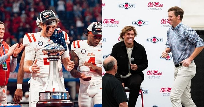 IN PHOTOS: Ole Miss QB Jaxson Dart poses with $160M worth Eli Manning during interactive conversation