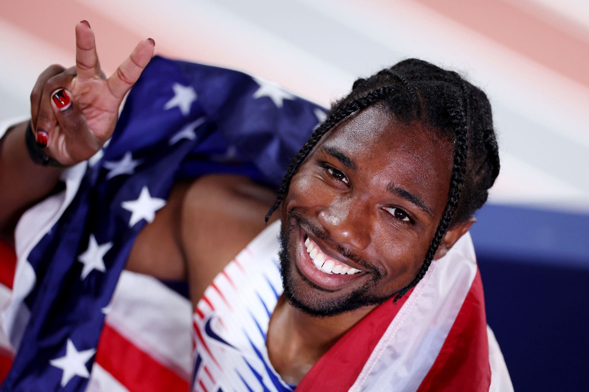 Noah Lyles of Team United States poses for a photo after the Men&#039;s 4x400 Metres Relay Final at the World Athletics Indoor Championships 2024 in Glasgow, Scotland.
