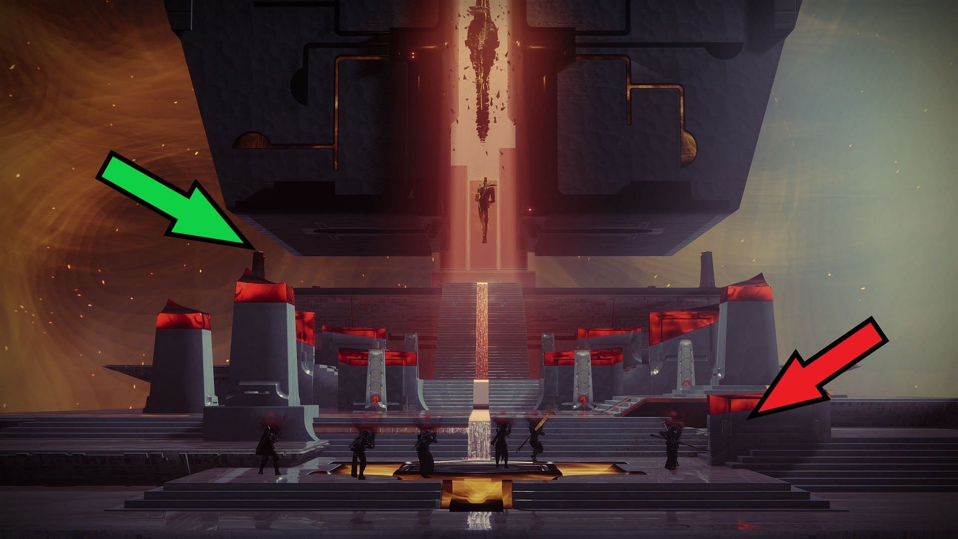 The red arrow represents downstairs, Green arrow represents upstairs (Image via Bungie)