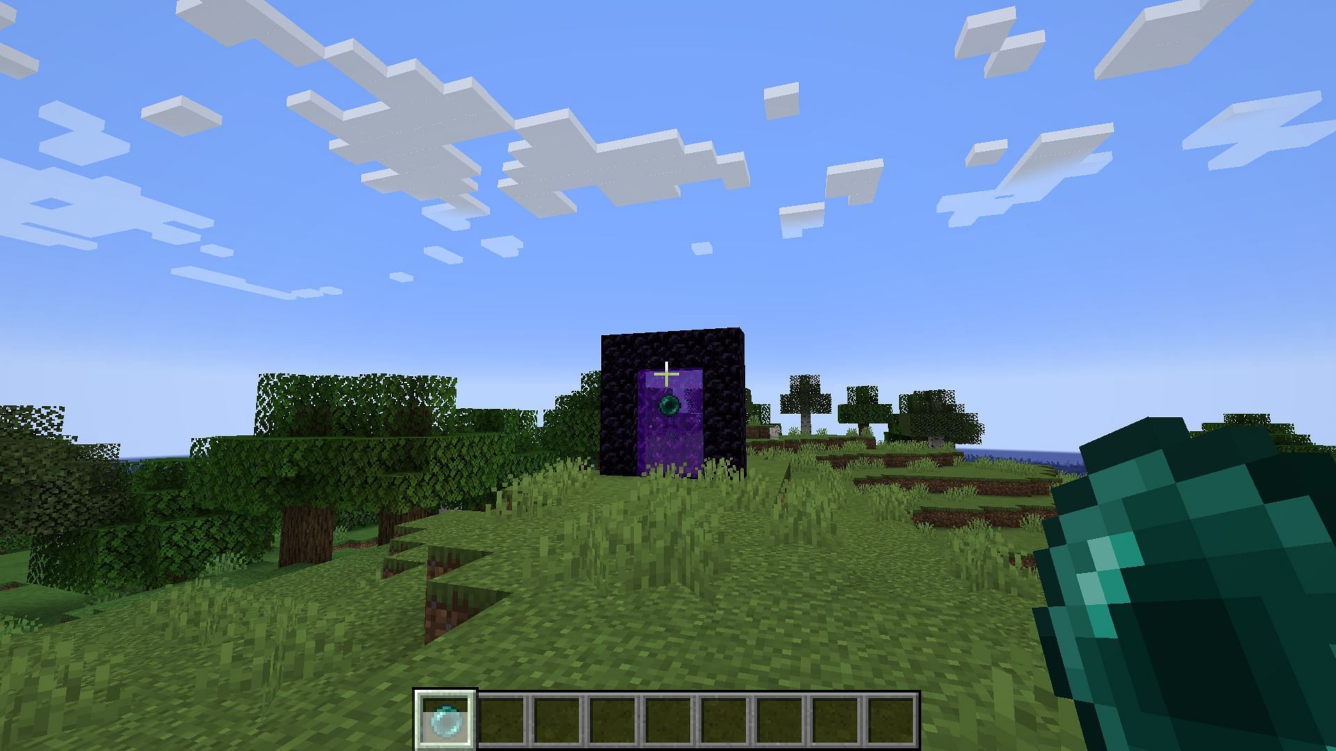 A player throwing an ender pearl toward a Nether portal. (Image via Mojang)