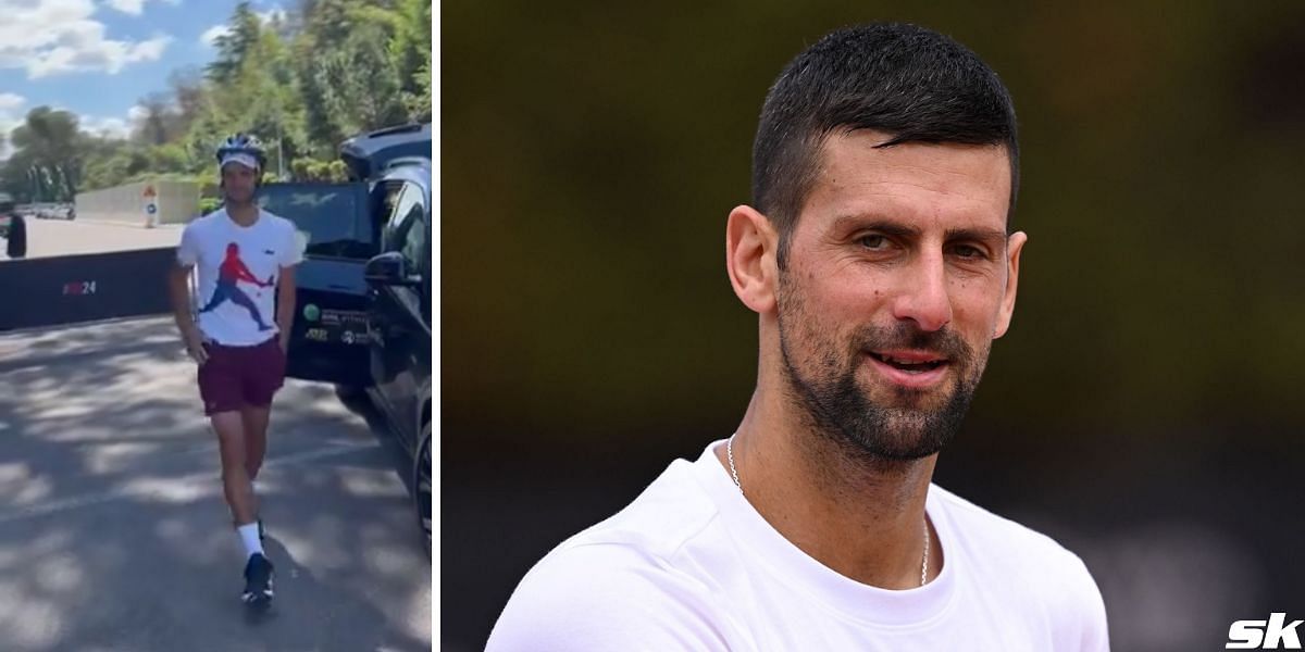 Novak Djokovic hilarioulsy comes wearing a helmet after a freak bootle accident at the Italian Open