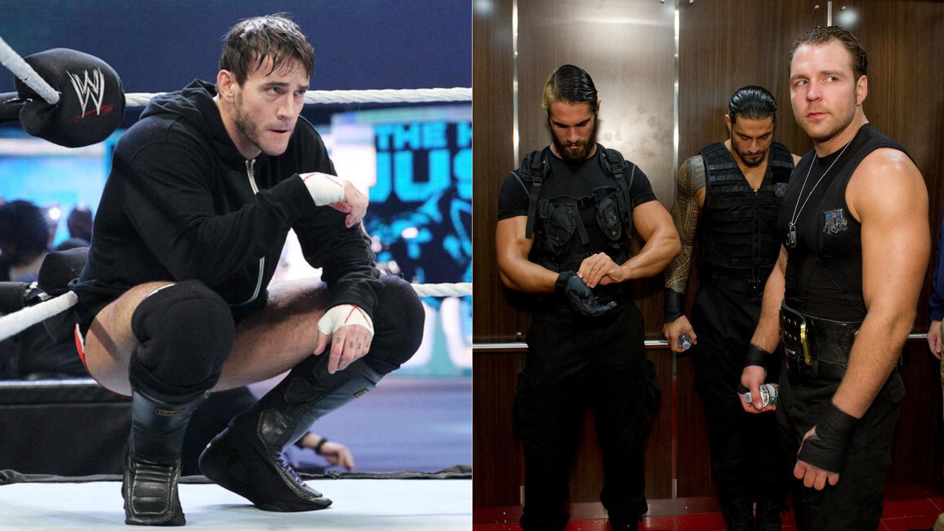 CM Punk (left); Seth Rollins, Roman Reigns, and Dean Ambrose (right)