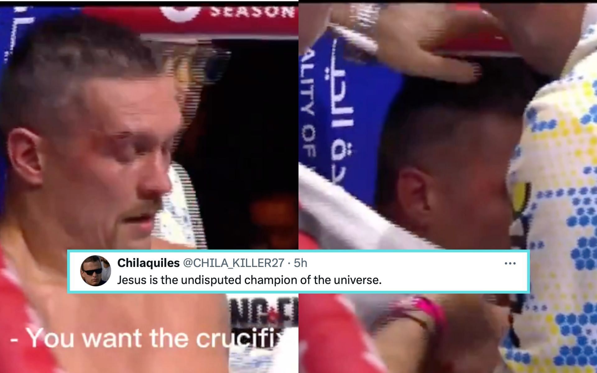 Video showing Oleksandr Usyk kissing a crucifix before the final five rounds of the undisputed heavyweight title fight [Photo Courtesy @shelovesgloves on X]