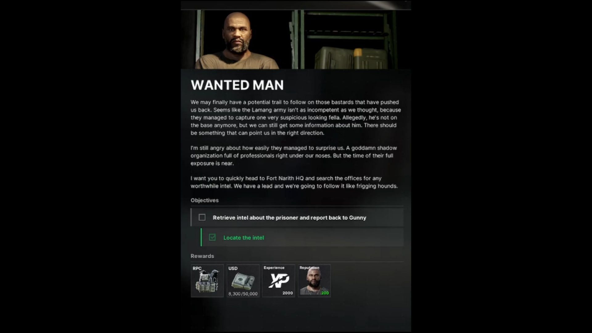 Wanted Man mission objective (Image via MADFINGER Games || YouTube/13lacklight)
