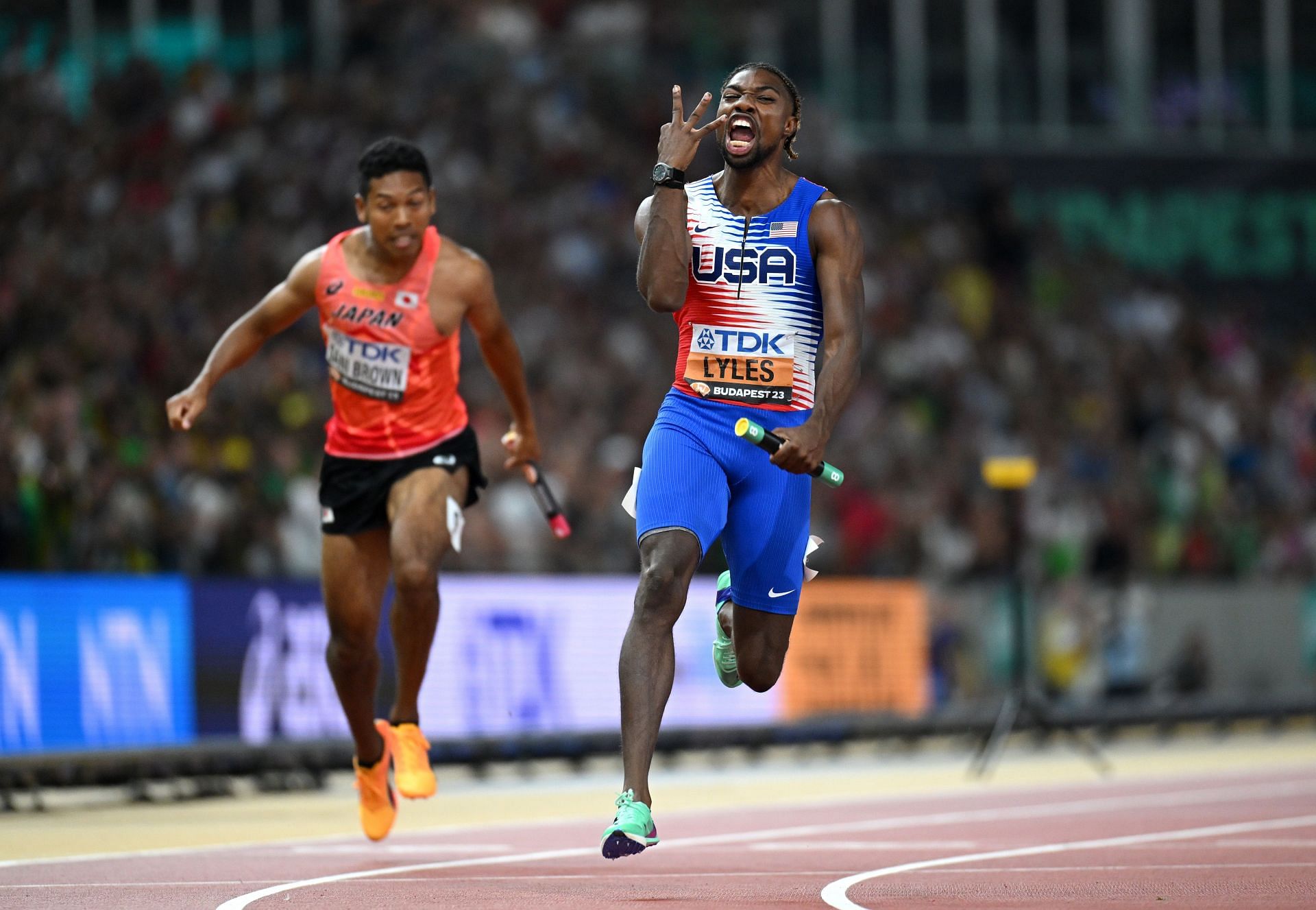 Noah Lyles of Team United States reacts after winning the Men&#039;s 4x100m Relay Final during the World Athletics Championships 2023 in Budapest, Hungary.