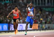 Noah Lyles of Team United States reacts after winning the Men's 4x100m Relay Final during the World Athletics Championships 2023 in Budapest, Hungary.