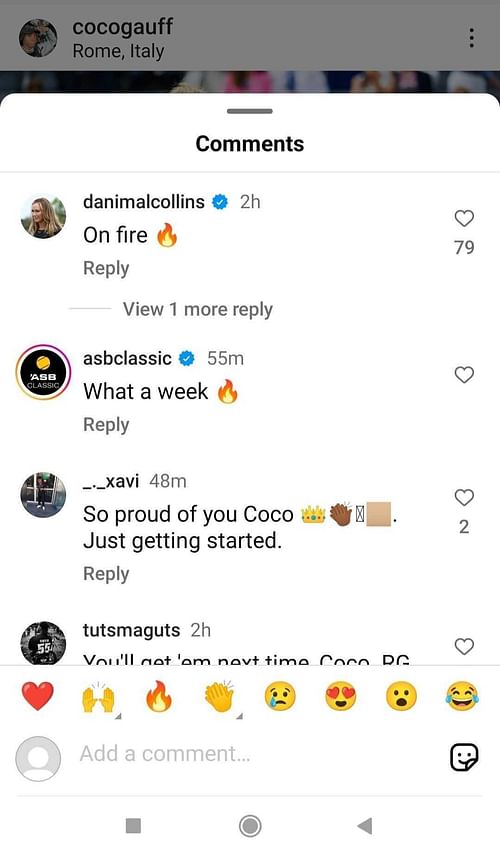 Danielle Collins' comment on Coco Gauff's Instagram post