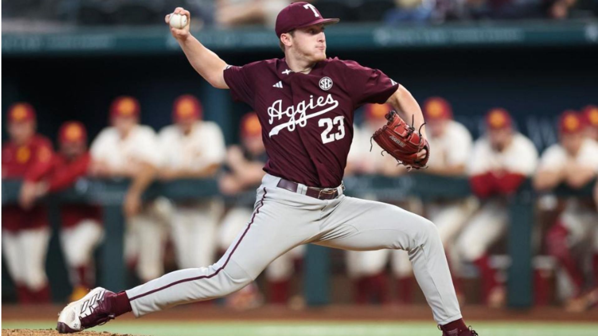 Tanner Jones has started in 11 games for Texas A&amp;M and has a record of 3-1 and an ERA of 6.70. (Image Source: https://12thman.com/galleries/baseball/baseball-vs-usc-3-2/arlington-tx-march-02-2024-pit/4902/170857)