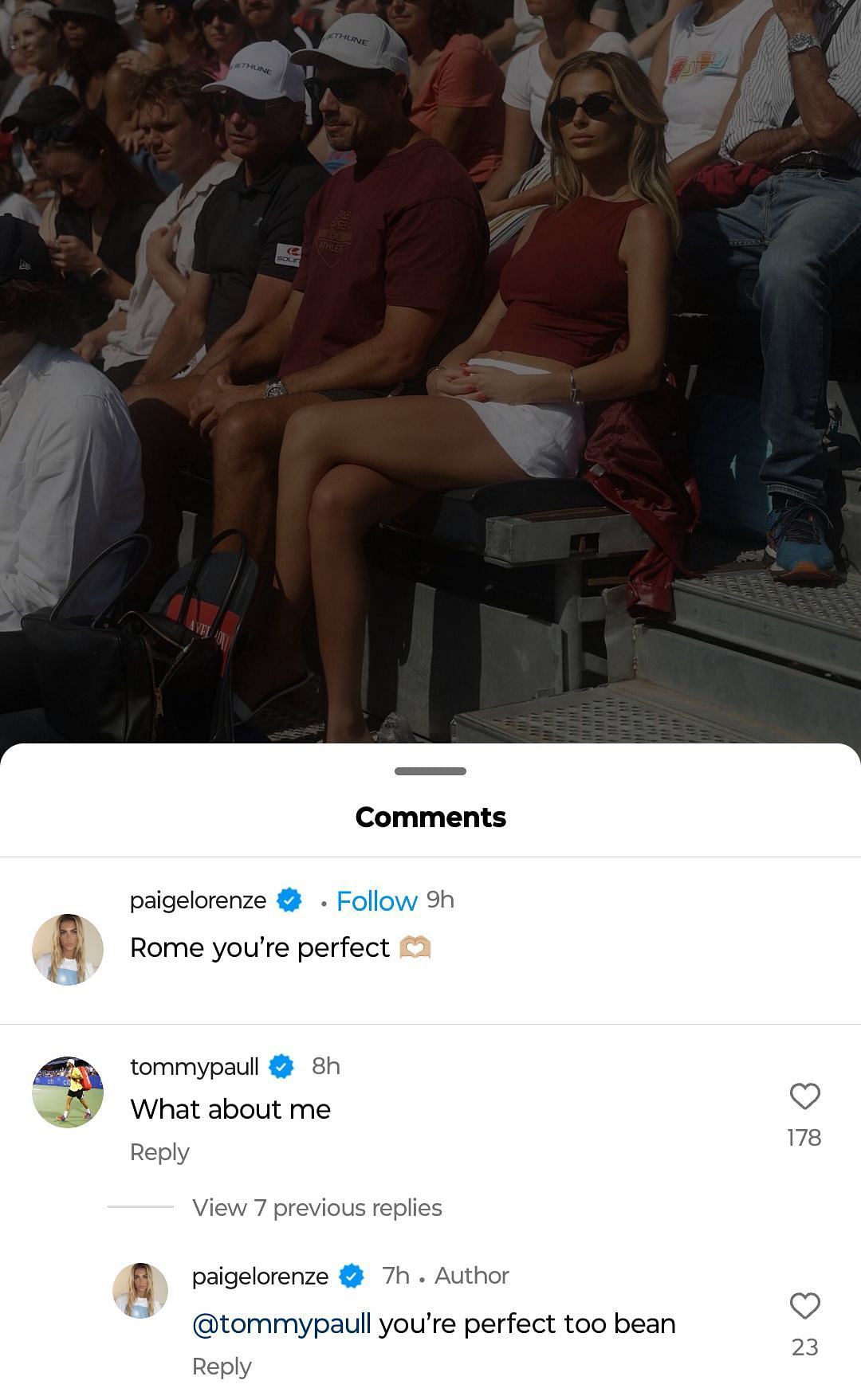 Tommy Paul&#039;s comment on Paige Lorenze&#039;s Instagram post