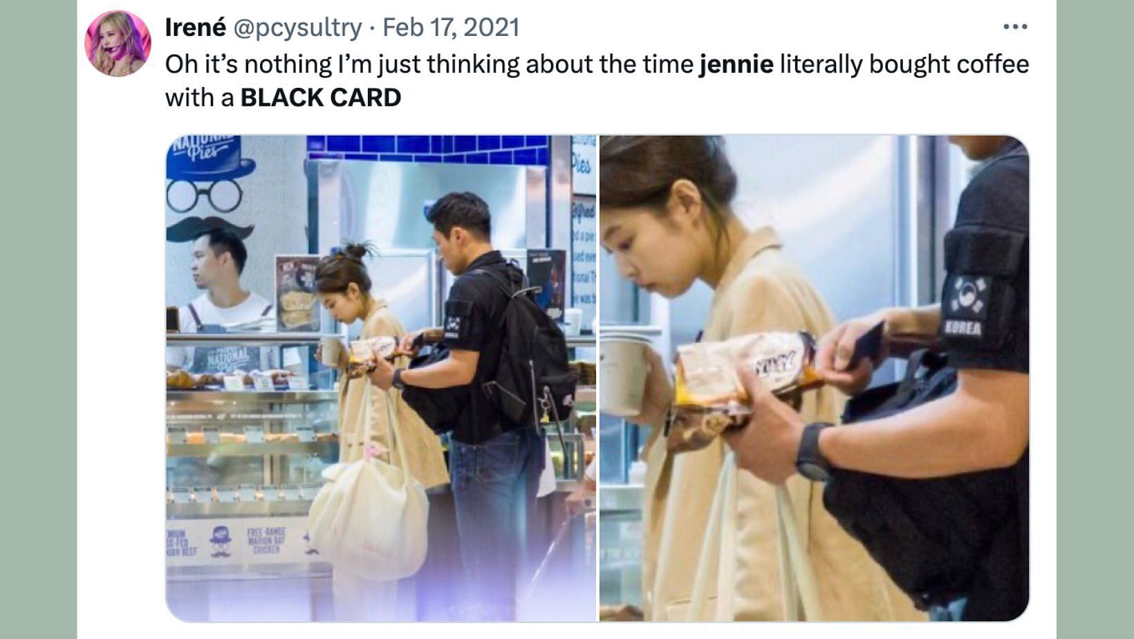 BLACKPINK&#039;s Jennie purchasing coffee with her elite card. (Image via X/@pcysultry)