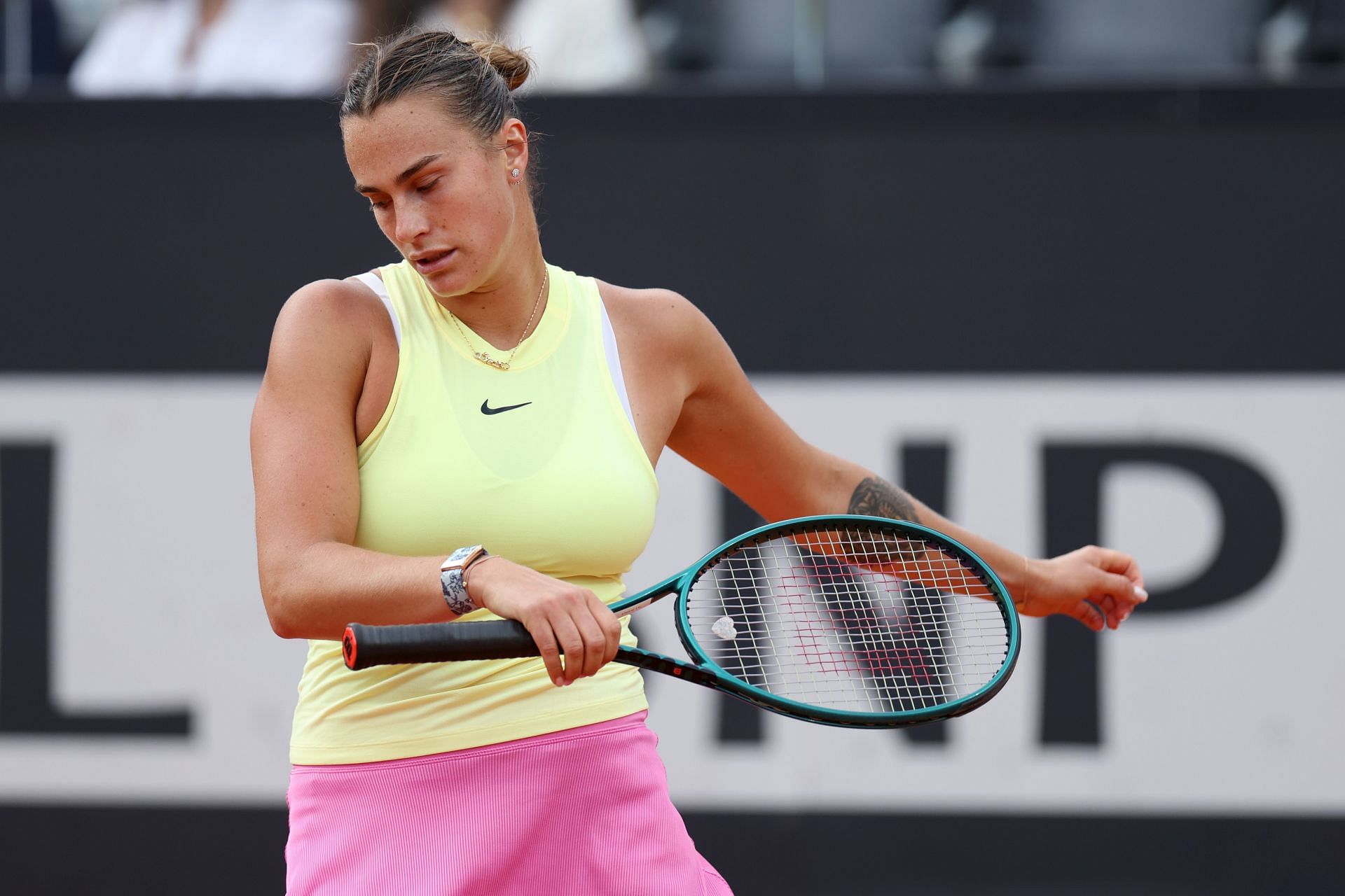 Aryna Sabalenka reacts during her match against Iga Swiatek in the final of the 2024 Italian Open